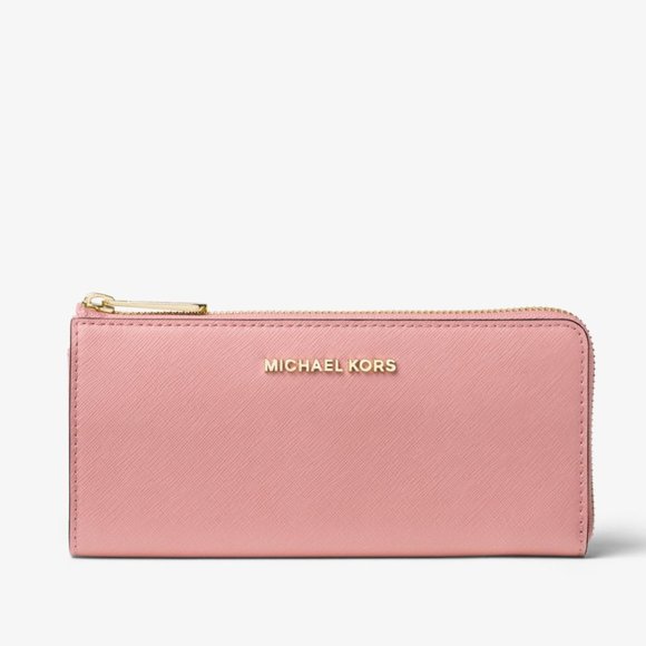 New Michael Kors Jet Set Travel Large Leather Quarter-Zip Wallet Primrose - Picture 1 of 2